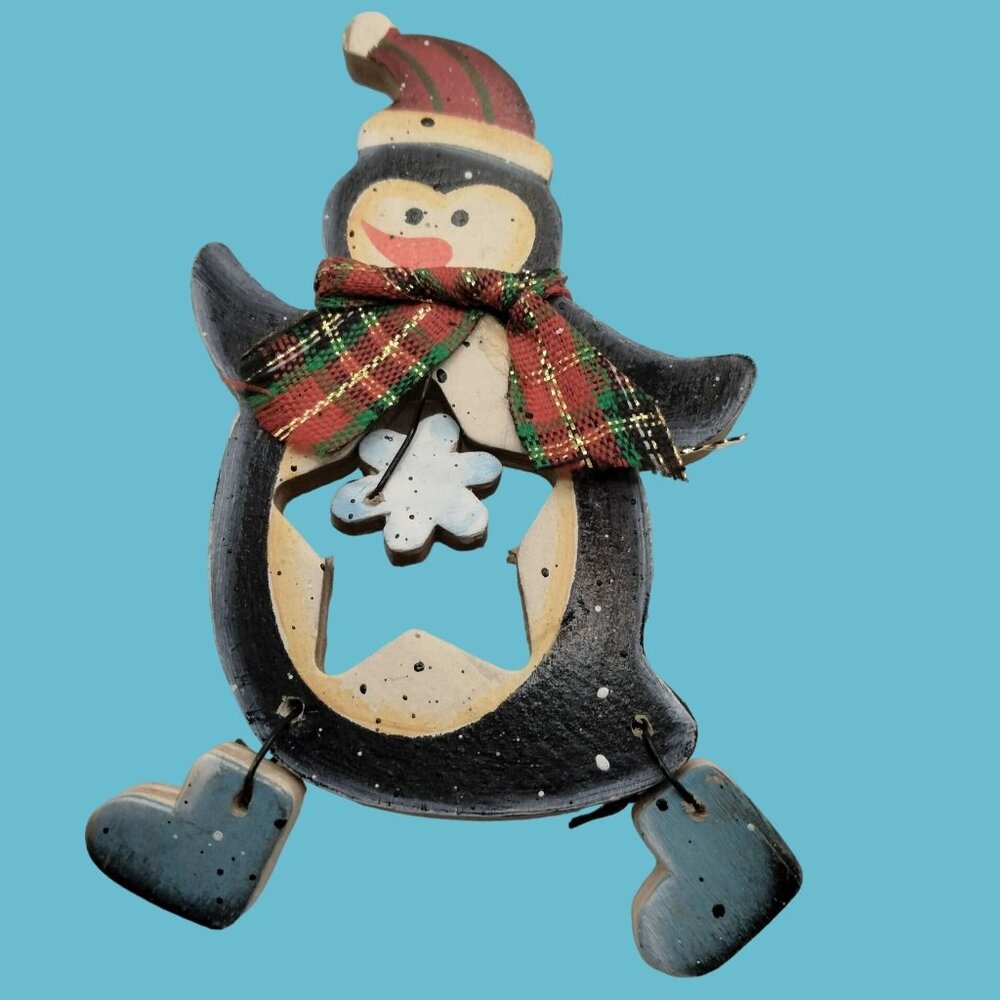 Wooden Penguin Brooch Scarf Hat Handcrafted Holiday Pin